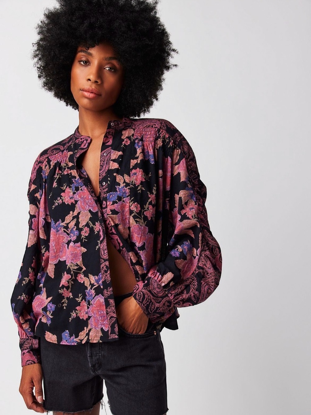 Free People Maraya Paisley Floral Printed Blouse in Black Combo Size XL